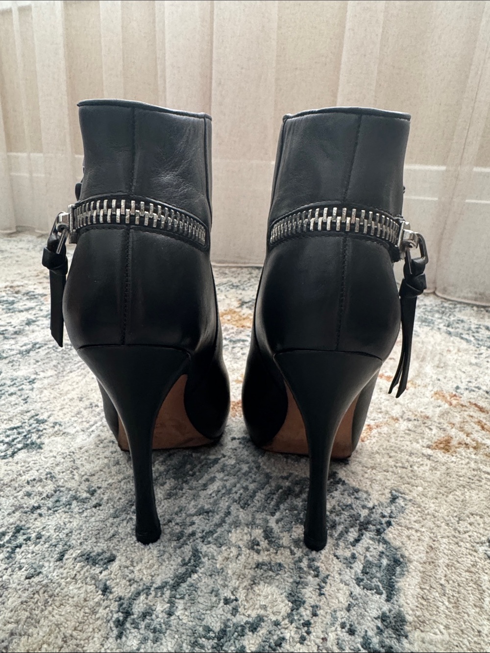 Black Leather Stiletto Ankle Boots with Silver Zipper - Picture 4 of 12